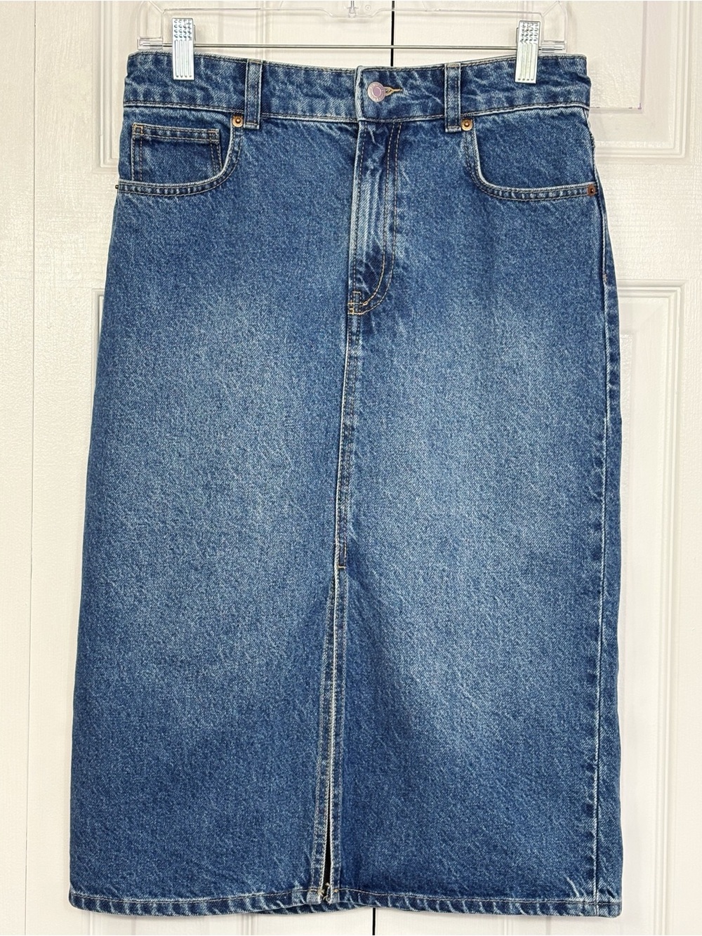 NWT H&M Medium Wash Blue Denim Cotton Front Slit Midi Pencil Skirt 4